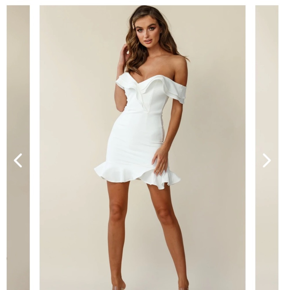 Selfie Leslie- Off shoulder white mini dress